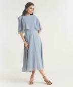 Dress Elegant Cape Overlay Tea-Length Mother of the Bride Dress A-Line Solid Color Prom Dress