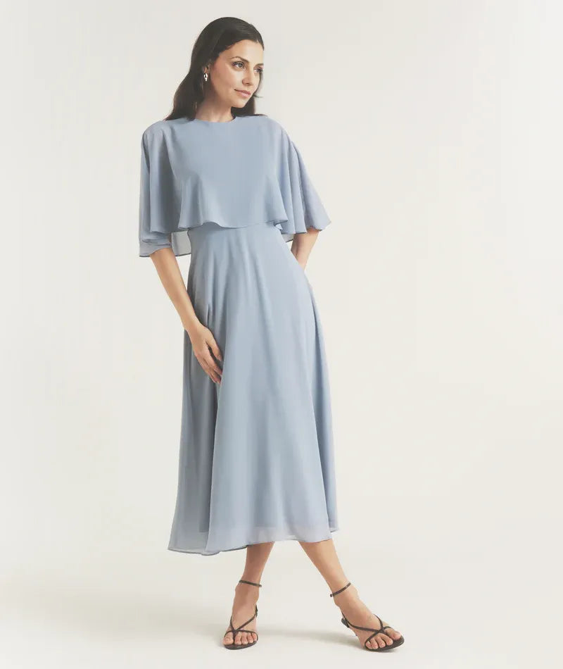 Dress Elegant Cape Overlay Tea-Length Mother of the Bride Dress A-Line Solid Color Prom Dress