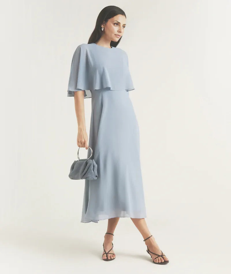 Dress Elegant Cape Overlay Tea-Length Mother of the Bride Dress A-Line Solid Color Prom Dress