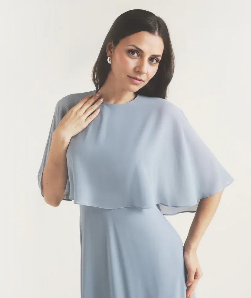 Dress Elegant Cape Overlay Tea-Length Mother of the Bride Dress A-Line Solid Color Prom Dress
