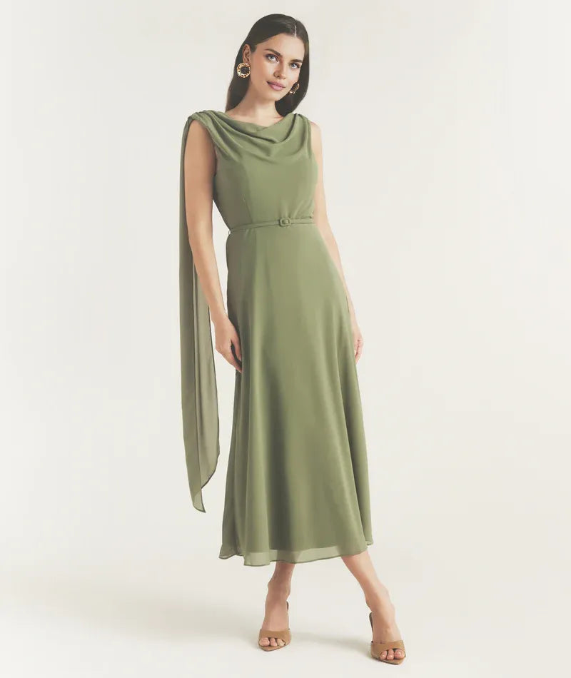 Dress Elegant Cowl Front Drape Detail Belted Midi Dress A-Line Solid Color Sleeveless Prom Dress