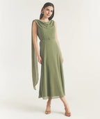 Dress Elegant Cowl Front Drape Detail Belted Midi Dress A-Line Solid Color Sleeveless Prom Dress