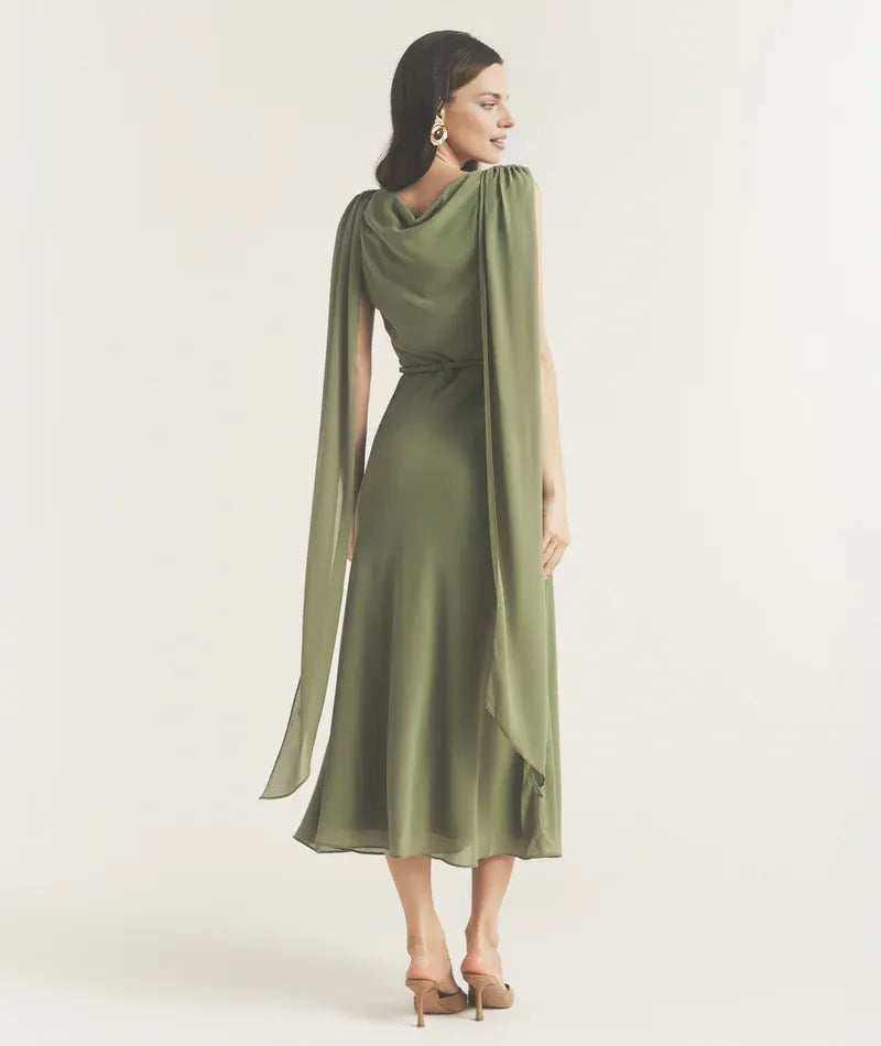 Dress Elegant Cowl Front Drape Detail Belted Midi Dress A-Line Solid Color Sleeveless Prom Dress