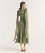 Dress Elegant Cowl Front Drape Detail Belted Midi Dress A-Line Solid Color Sleeveless Prom Dress