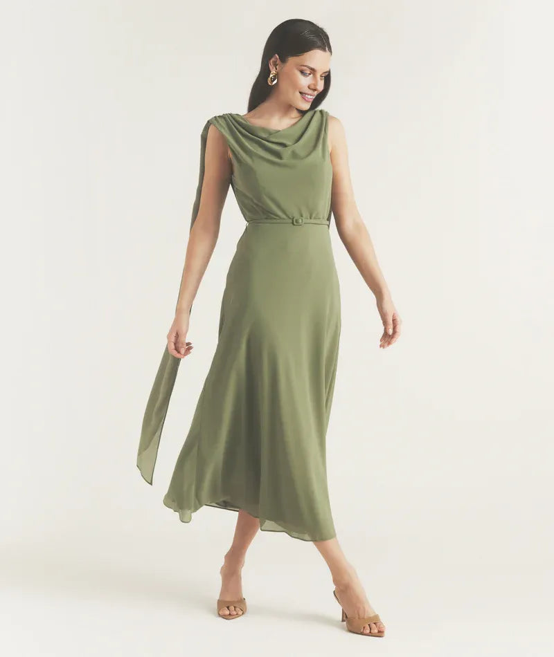 Dress Elegant Cowl Front Drape Detail Belted Midi Dress A-Line Solid Color Sleeveless Prom Dress