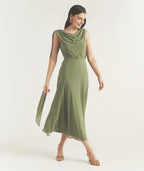 Dress Elegant Cowl Front Drape Detail Belted Midi Dress A-Line Solid Color Sleeveless Prom Dress