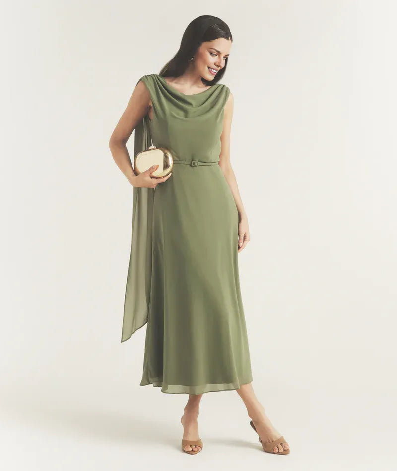 Dress Elegant Cowl Front Drape Detail Belted Midi Dress A-Line Solid Color Sleeveless Prom Dress