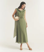 Dress Elegant Cowl Front Drape Detail Belted Midi Dress A-Line Solid Color Sleeveless Prom Dress