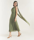 Dress Elegant Cowl Front Drape Detail Belted Midi Dress A-Line Solid Color Sleeveless Prom Dress