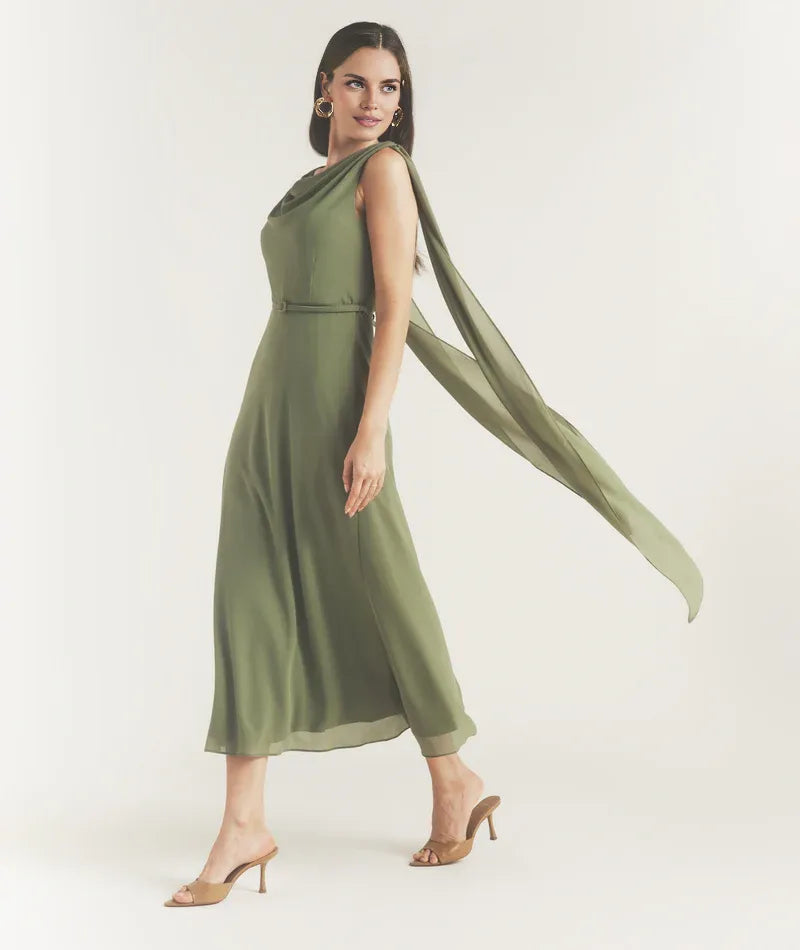 Dress Elegant Cowl Front Drape Detail Belted Midi Dress A-Line Solid Color Sleeveless Prom Dress