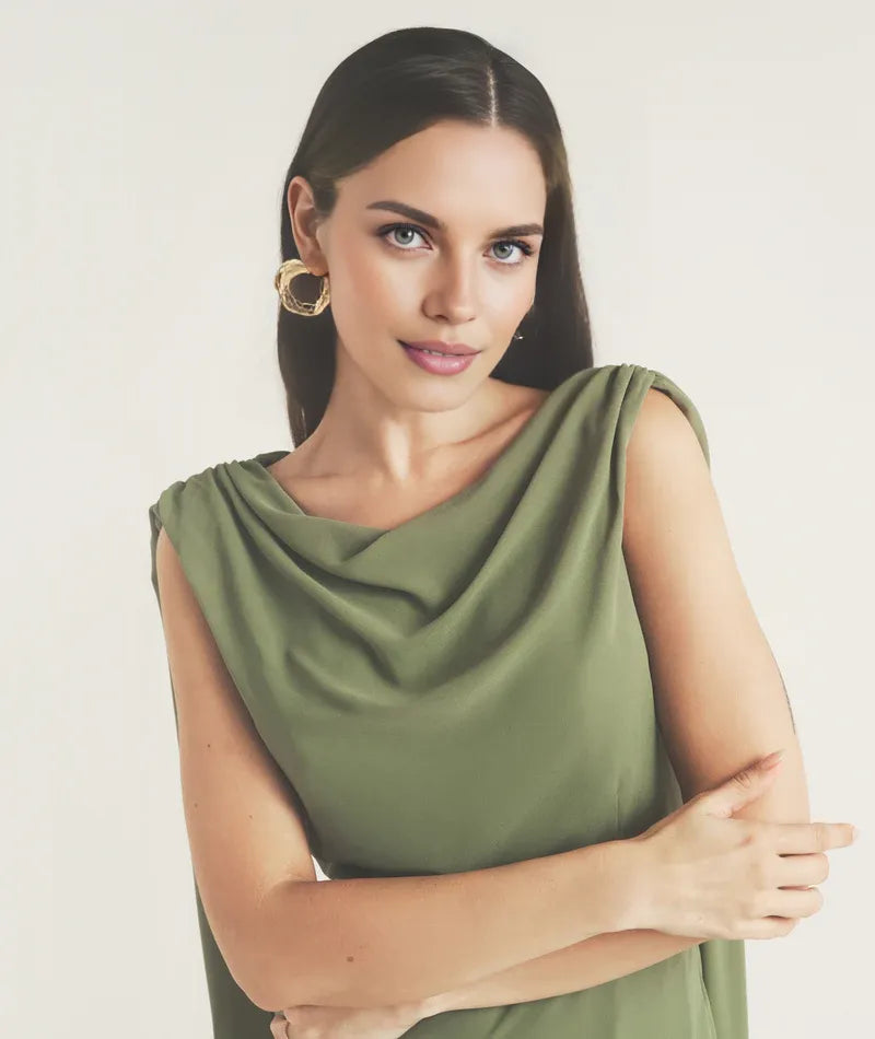 Dress Elegant Cowl Front Drape Detail Belted Midi Dress A-Line Solid Color Sleeveless Prom Dress