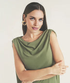 Dress Elegant Cowl Front Drape Detail Belted Midi Dress A-Line Solid Color Sleeveless Prom Dress