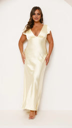 Yellow Dress Elegant Deep V Neck Maxi Dress Sheath Backless Solid Color Cap Sleeve Prom Dress