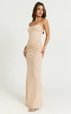 Dress Elegant Glitter Strapless Ruched Side Maxi Dress Nude Sheath Sleeveless Solid Color Evening Dress