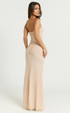 Dress Elegant Glitter Strapless Ruched Side Maxi Dress Nude Sheath Sleeveless Solid Color Evening Dress