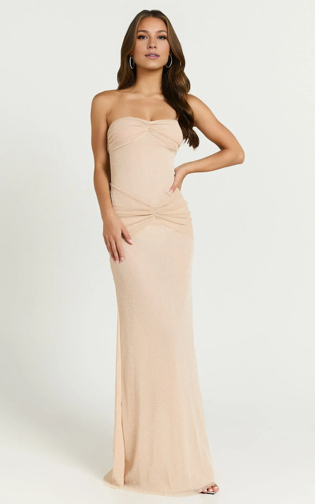 Dress Elegant Glitter Strapless Ruched Side Maxi Dress Nude Sheath Sleeveless Solid Color Evening Dress