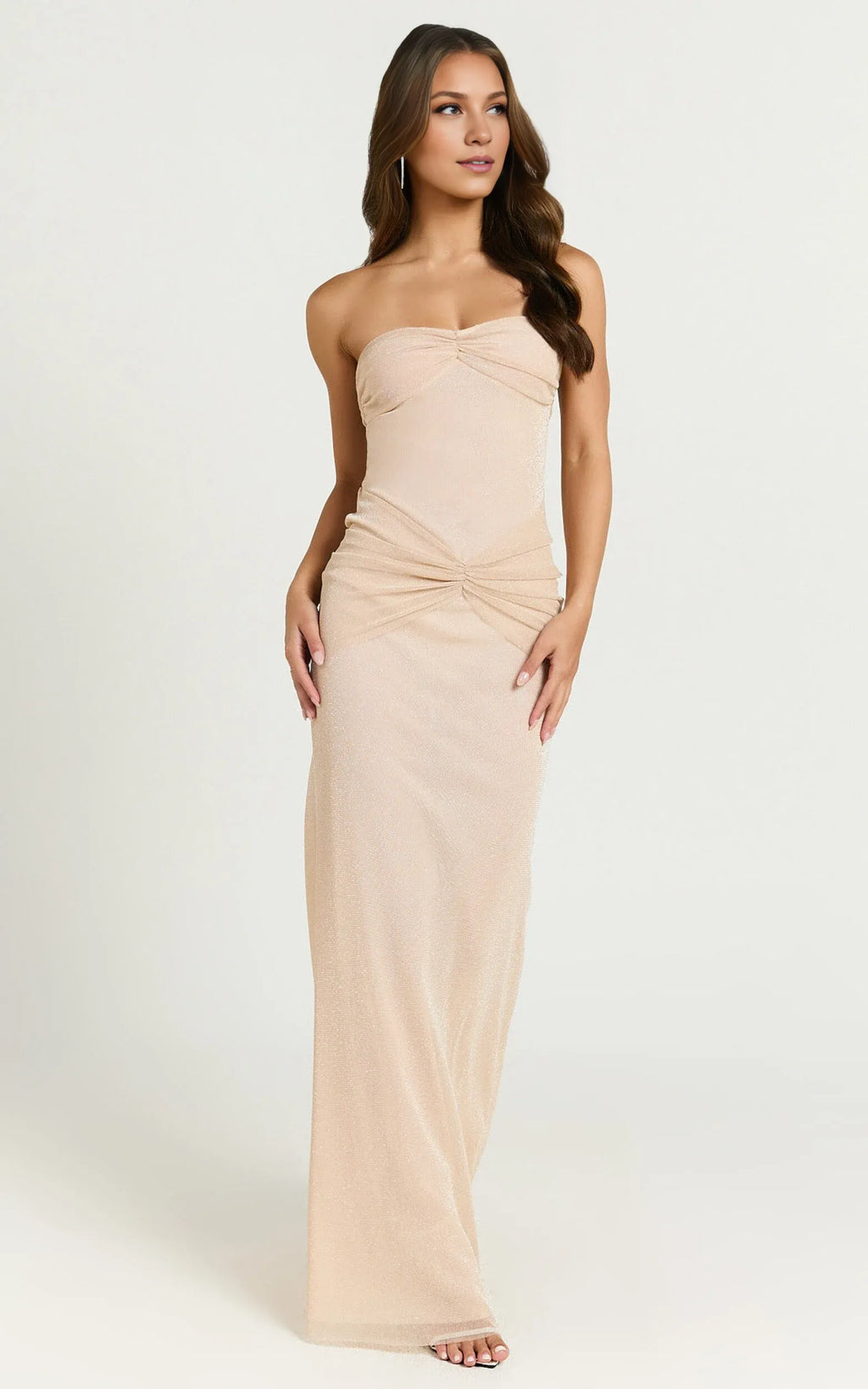 Dress Elegant Glitter Strapless Ruched Side Maxi Dress Nude Sheath Sleeveless Solid Color Evening Dress
