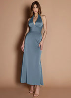 Dress Elegant Halter V Neck Sleeveless Backless Pleats Mermaid Evening Dress Tea-Length Prom Dress