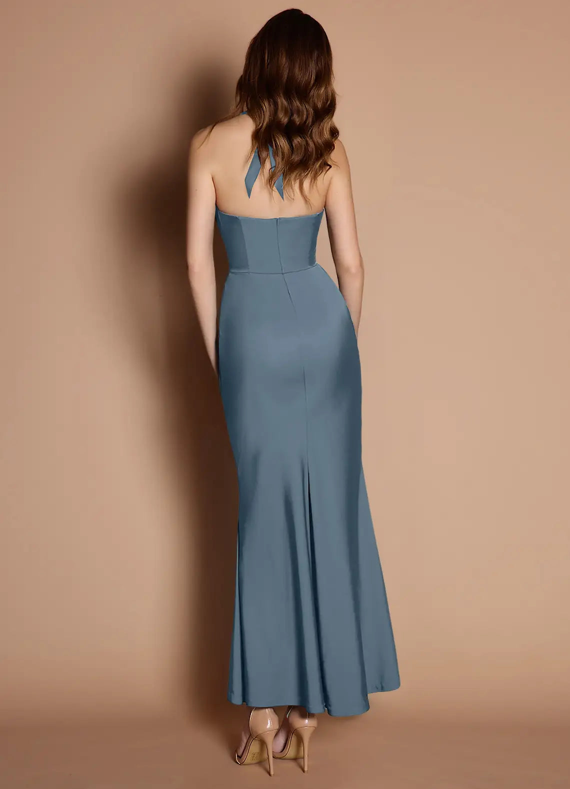 Dress Elegant Halter V Neck Sleeveless Backless Pleats Mermaid Evening Dress Tea-Length Prom Dress
