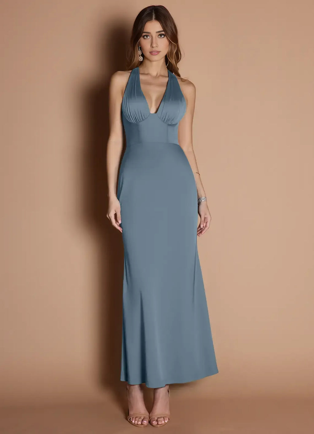 Dress Elegant Halter V Neck Sleeveless Backless Pleats Mermaid Evening Dress Tea-Length Prom Dress