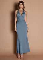 Dress Elegant Halter V Neck Sleeveless Backless Pleats Mermaid Evening Dress Tea-Length Prom Dress