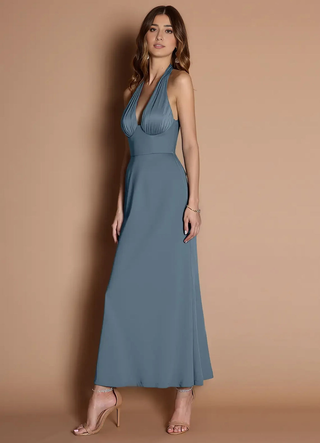 Dress Elegant Halter V Neck Sleeveless Backless Pleats Mermaid Evening Dress Tea-Length Prom Dress