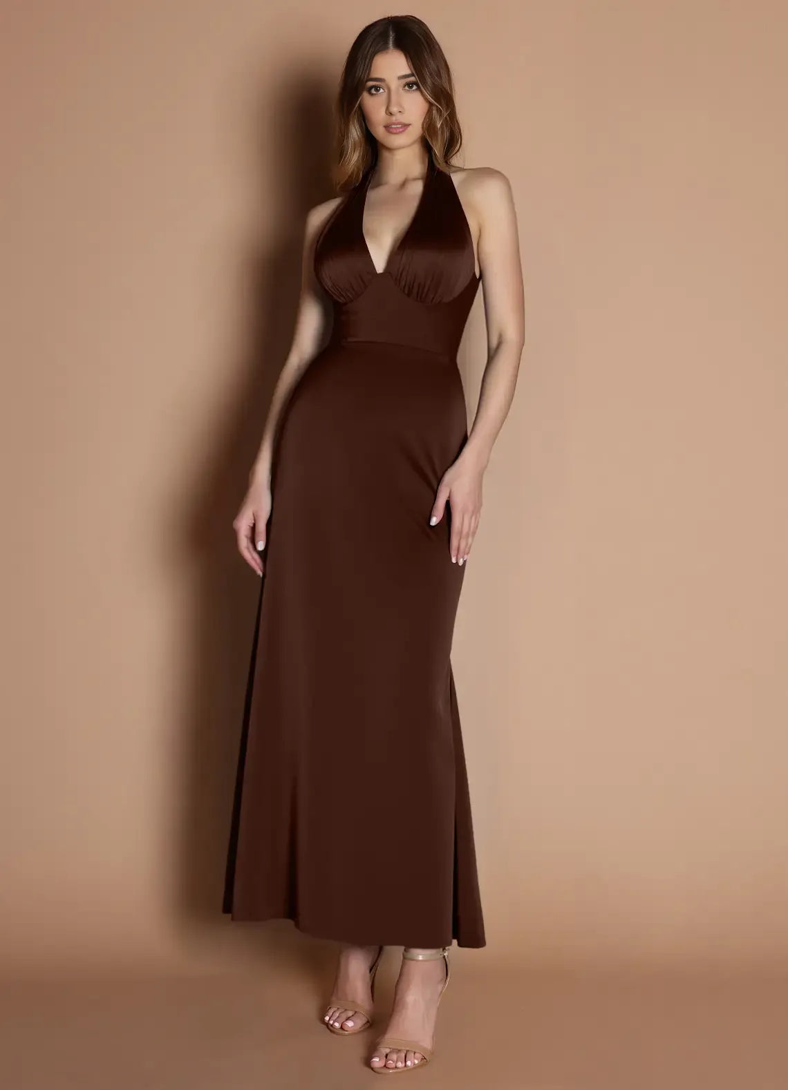 Dress Elegant Halter V Neck Sleeveless Backless Pleats Mermaid Evening Dress Tea-Length Prom Dress