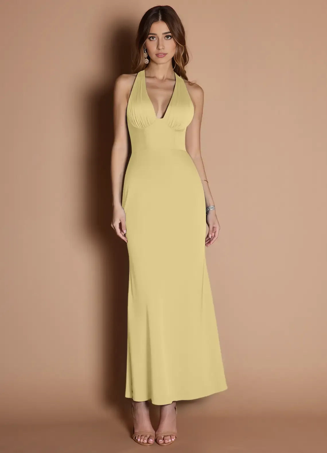 Dress Elegant Halter V Neck Sleeveless Backless Pleats Mermaid Evening Dress Tea-Length Prom Dress