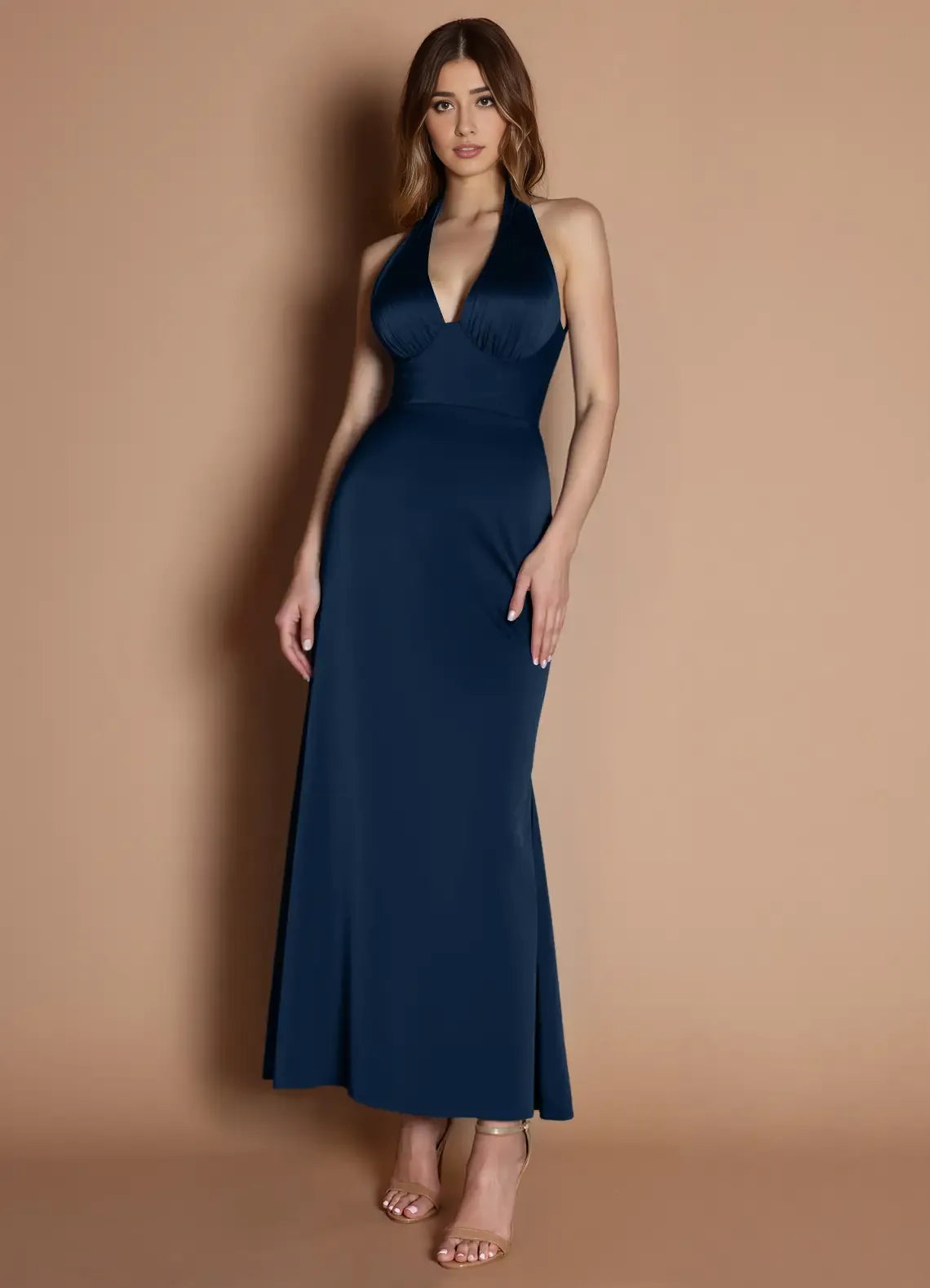 Dress Elegant Halter V Neck Sleeveless Backless Pleats Mermaid Evening Dress Tea-Length Prom Dress