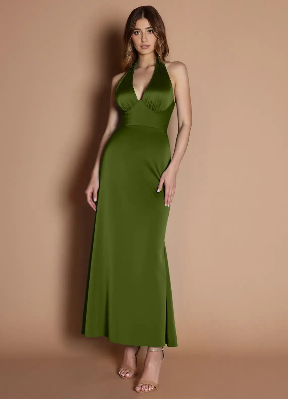 Dress Elegant Halter V Neck Sleeveless Backless Pleats Mermaid Evening Dress Tea-Length Prom Dress