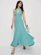 Dress Elegant Halter V Neck Sleeveless Mermaid Prom Dress Backless Tea-Length Backless Evening Dress