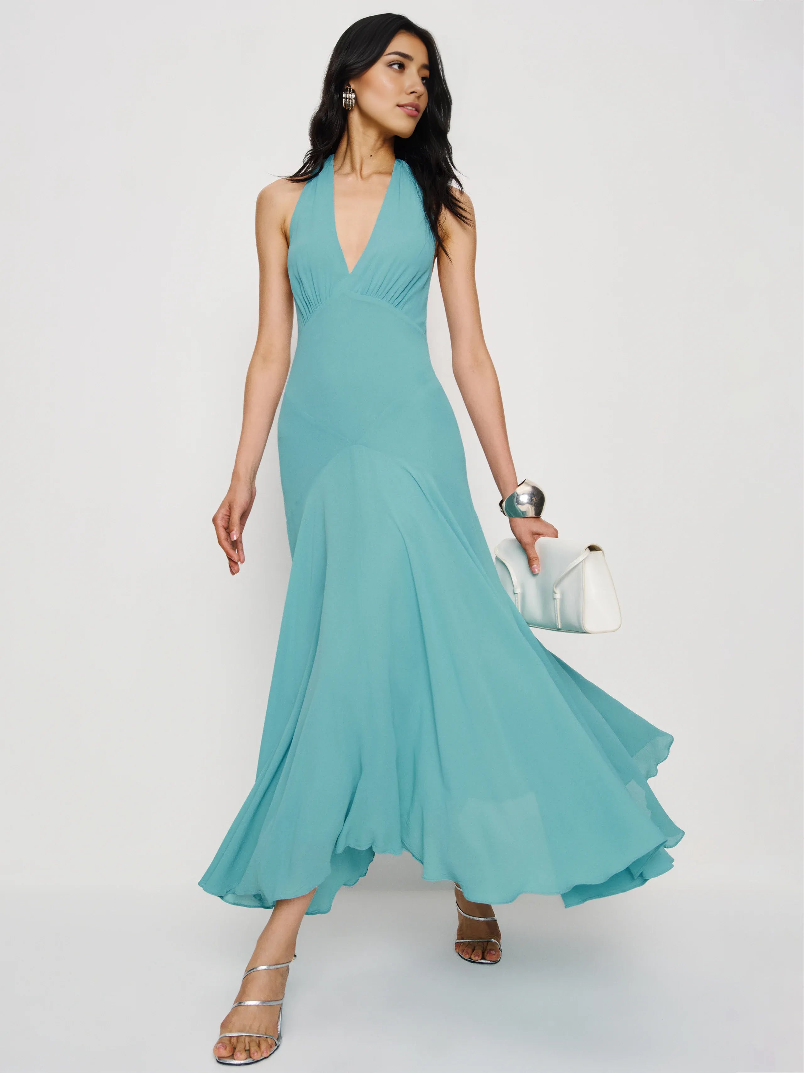 Dress Elegant Halter V Neck Sleeveless Mermaid Prom Dress Backless Tea-Length Backless Evening Dress