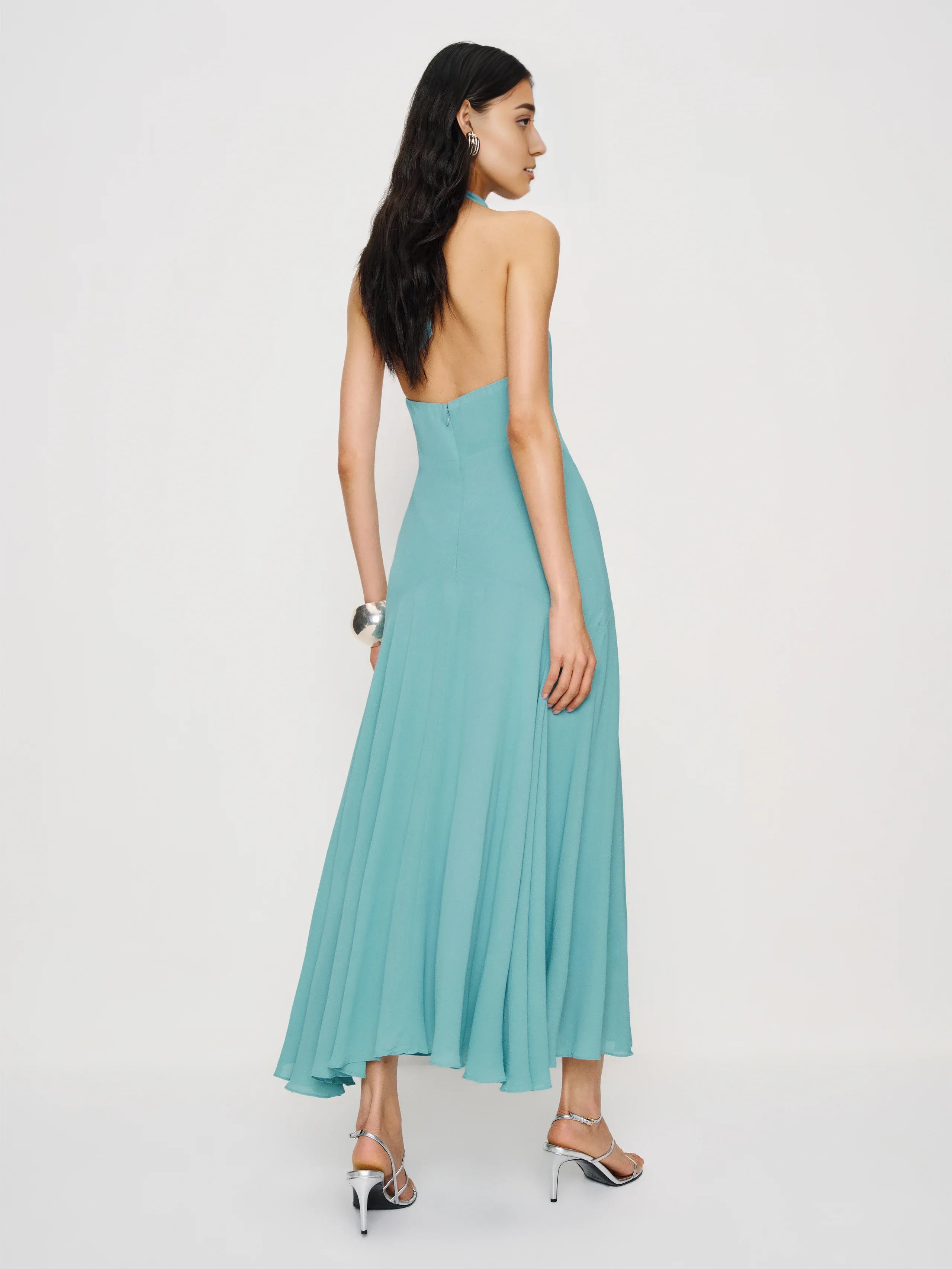 Dress Elegant Halter V Neck Sleeveless Mermaid Prom Dress Backless Tea-Length Backless Evening Dress