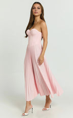 Cream Dress Elegant Up Back Bustier Pleated Midi Dress A-Line Solid Color Sleeveless Party Evening Dress