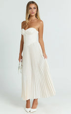 Cream Dress Elegant Up Back Bustier Pleated Midi Dress A-Line Solid Color Sleeveless Party Evening Dress