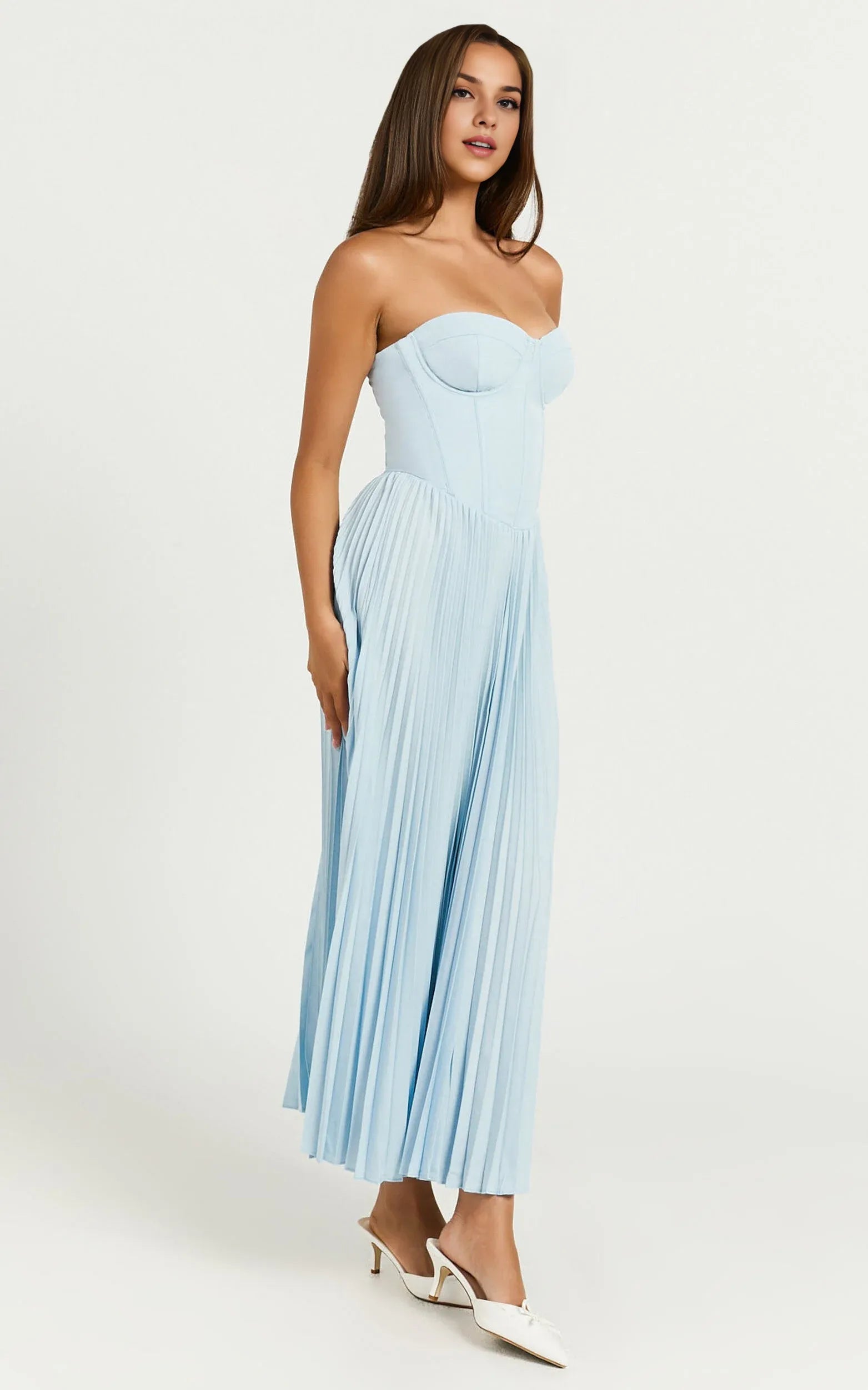 Cream Dress Elegant Up Back Bustier Pleated Midi Dress A-Line Solid Color Sleeveless Party Evening Dress