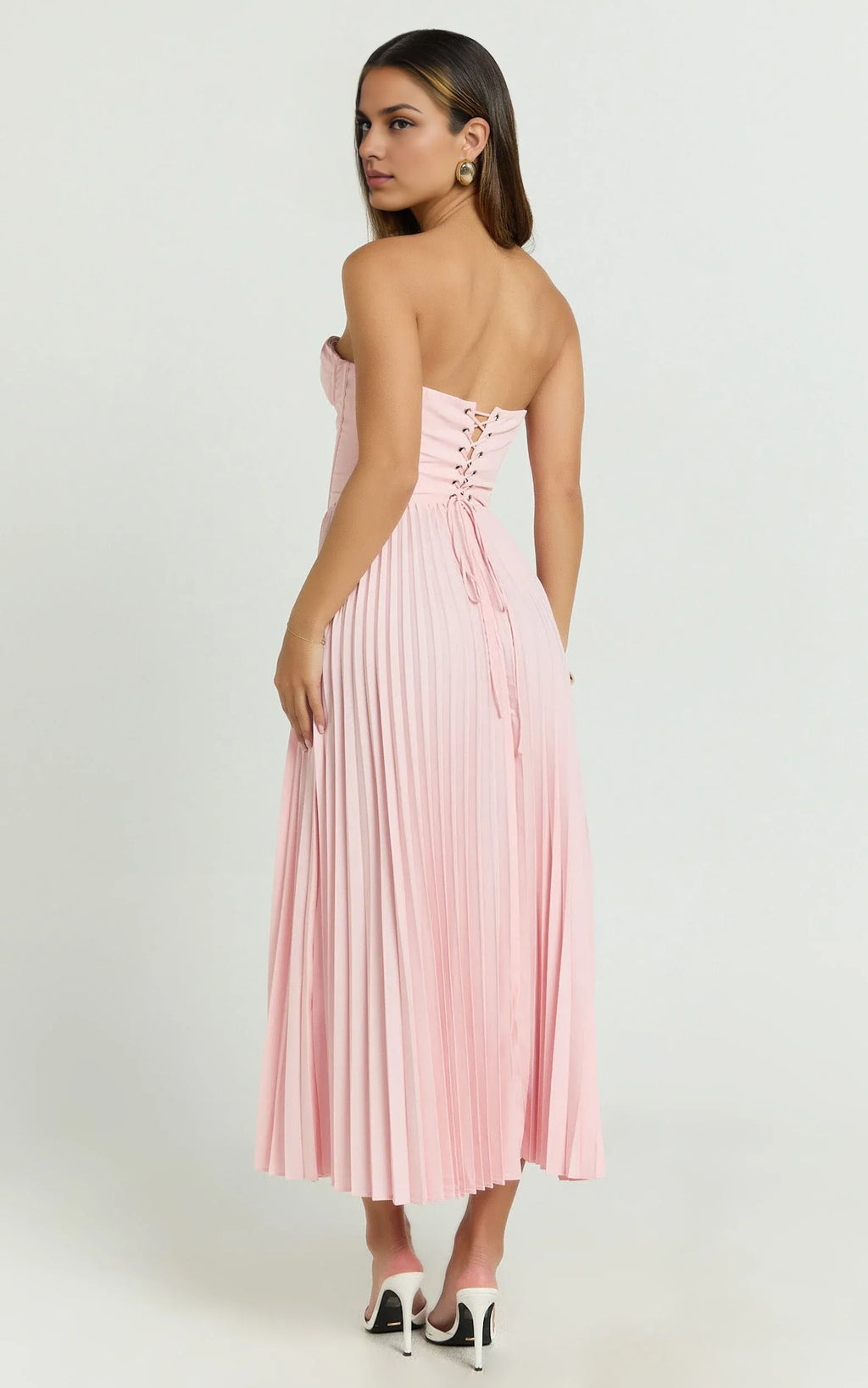 Cream Dress Elegant Up Back Bustier Pleated Midi Dress A-Line Solid Color Sleeveless Party Evening Dress