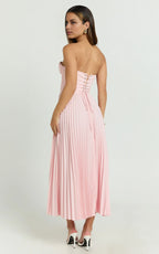 Cream Dress Elegant Up Back Bustier Pleated Midi Dress A-Line Solid Color Sleeveless Party Evening Dress