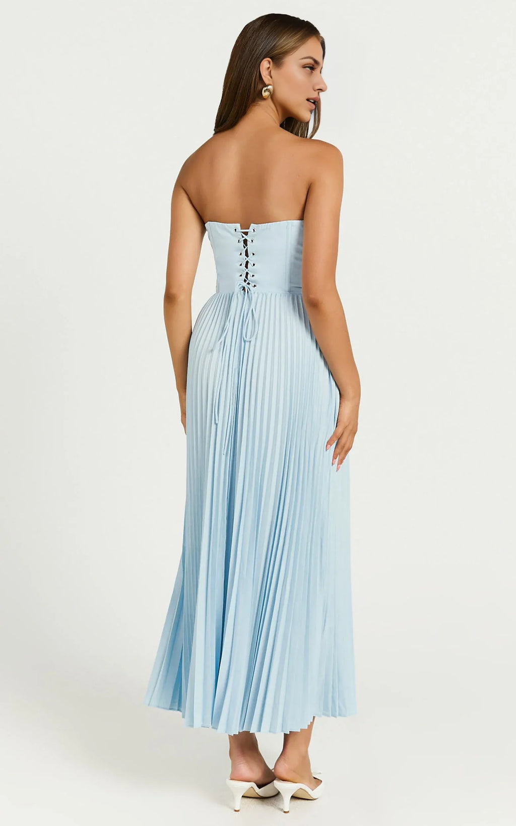 Cream Dress Elegant Up Back Bustier Pleated Midi Dress A-Line Solid Color Sleeveless Party Evening Dress