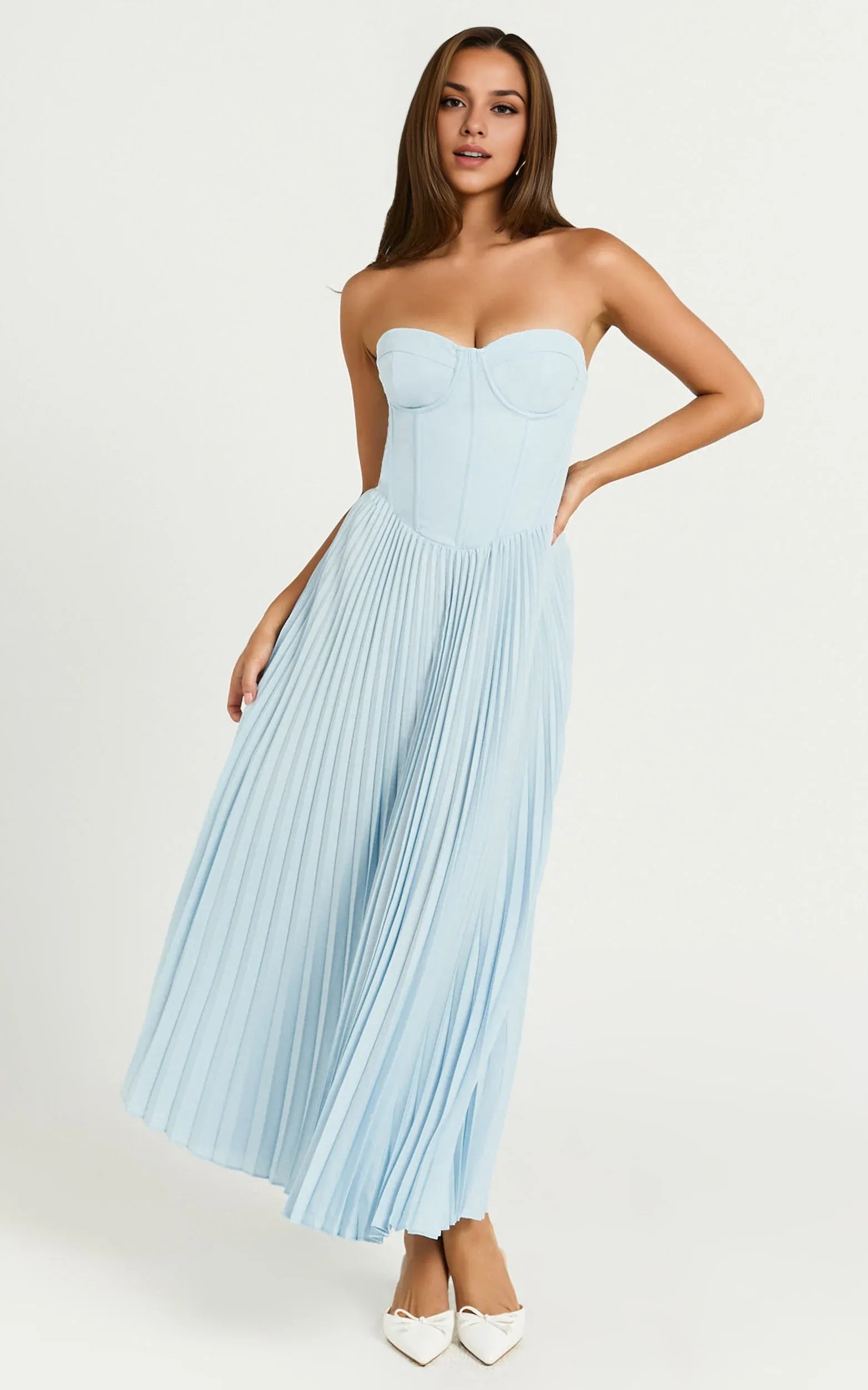 Cream Dress Elegant Up Back Bustier Pleated Midi Dress A-Line Solid Color Sleeveless Party Evening Dress