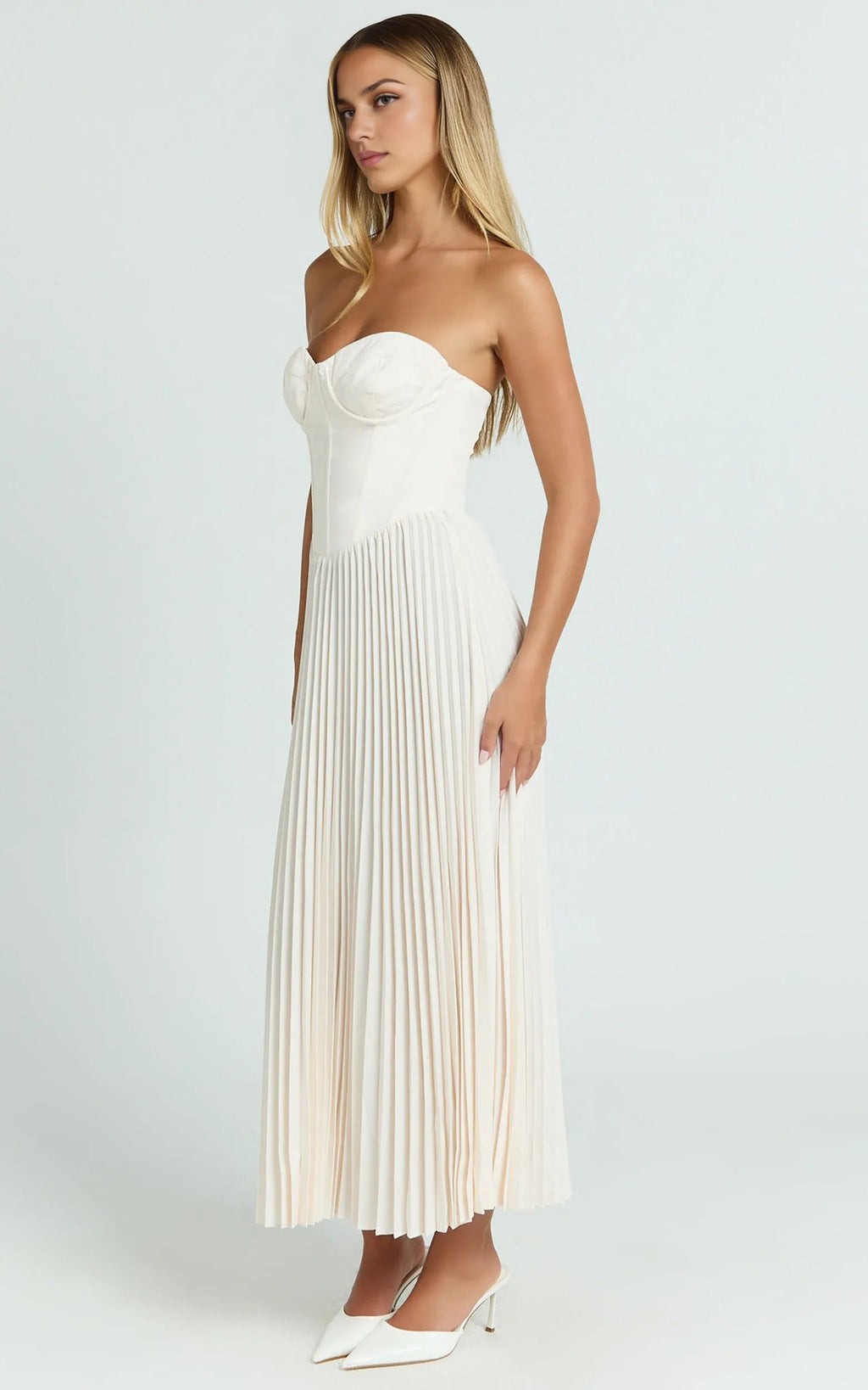 Cream Dress Elegant Up Back Bustier Pleated Midi Dress A-Line Solid Color Sleeveless Party Evening Dress