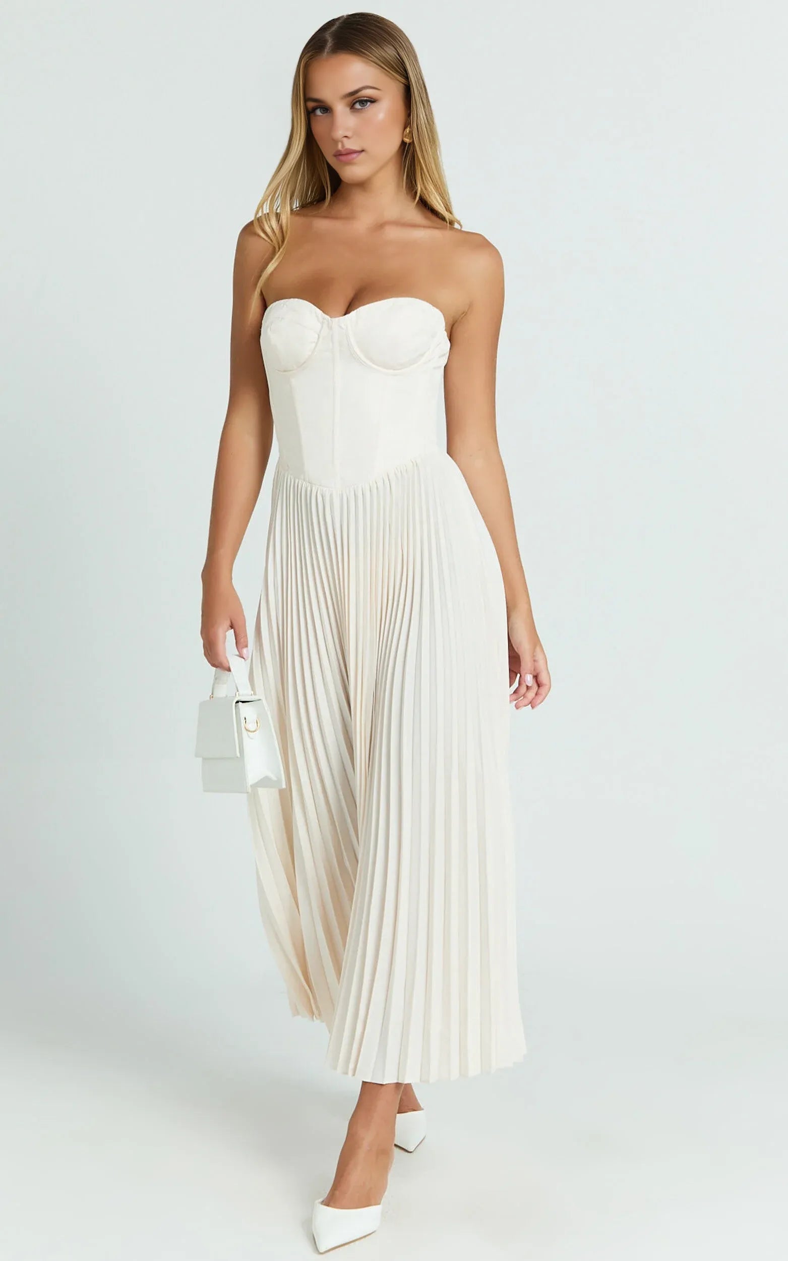 Cream Dress Elegant Up Back Bustier Pleated Midi Dress A-Line Solid Color Sleeveless Party Evening Dress