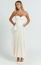 Cream Dress Elegant Up Back Bustier Pleated Midi Dress A-Line Solid Color Sleeveless Party Evening Dress