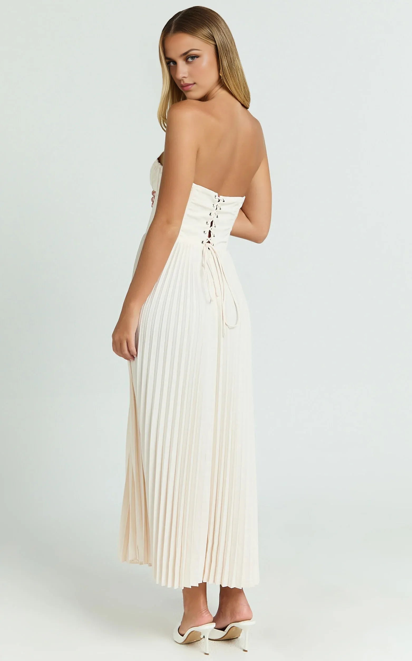Cream Dress Elegant Up Back Bustier Pleated Midi Dress A-Line Solid Color Sleeveless Party Evening Dress