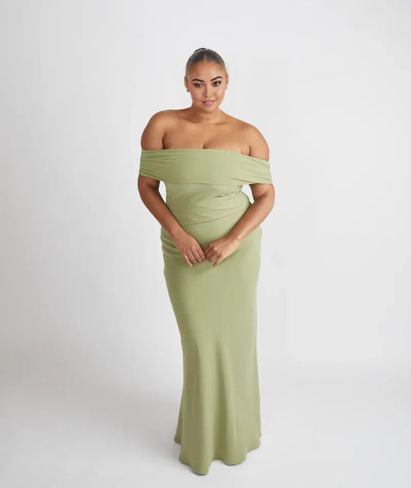 Dress Elegant Off the Shoulder Bridesmaid Dress Maxi Dress Solid Color Sage Sleeveless Column Prom Dress