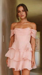 Pink Dress Elegant Off the Shoulder Mini Dress A-line Backless Solid Color Sleeveless Homecoming Dress
