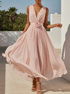 Pink Dress Elegant 3D Floral Ruched V Neck A-Line Maxi Pleats Dress Prom Dress