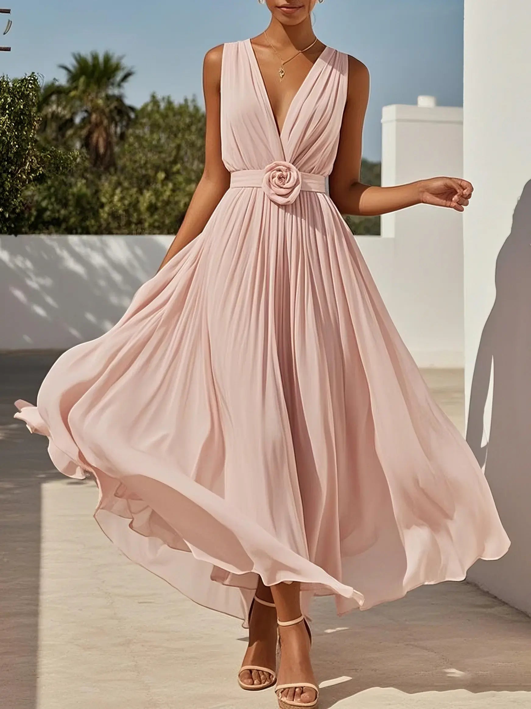 Pink Dress Elegant 3D Floral Ruched V Neck A-Line Maxi Pleats Dress Prom Dress