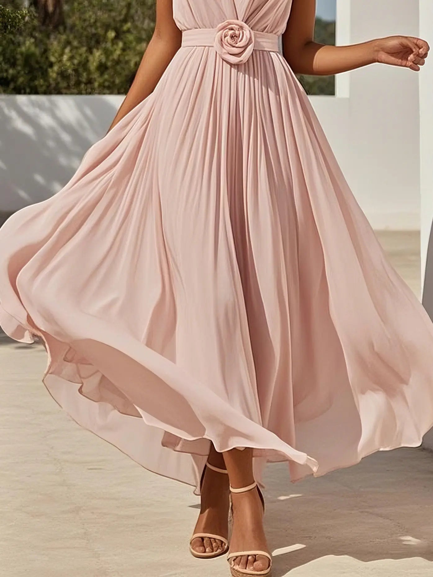 Pink Dress Elegant 3D Floral Ruched V Neck A-Line Maxi Pleats Dress Prom Dress