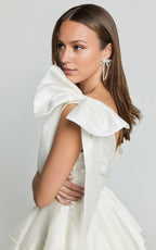 White Dress Elegant Shoulder Tie Plunge Ruffle Mini Dress A-Line Sleeveless Backless Homecoming Dress